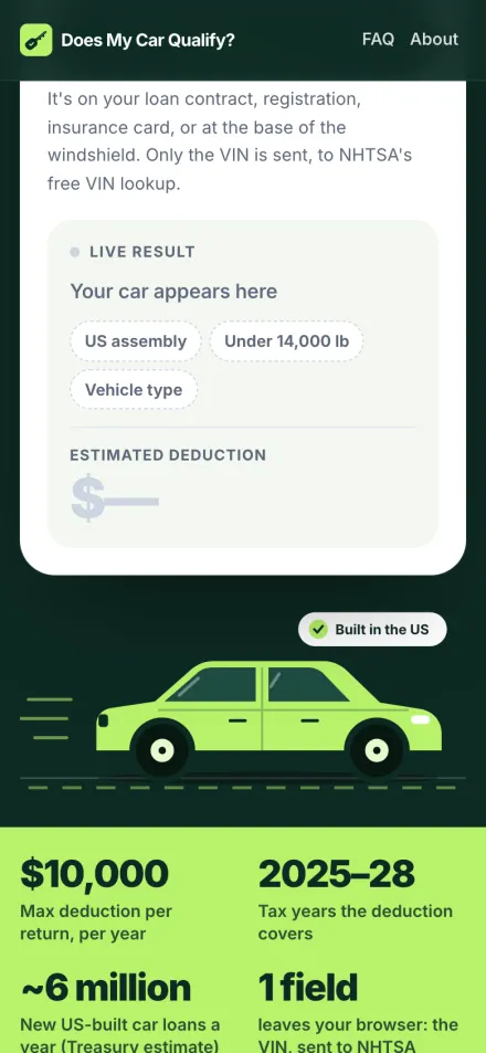 Further down on a phone: where the car was built, its weight rating and the estimated deduction.