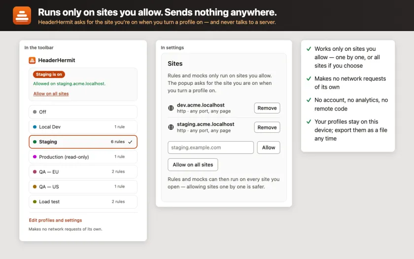 The toolbar popup's profile list next to the Settings page's Sites panel for allowing or removing site access, and a checklist of privacy claims.