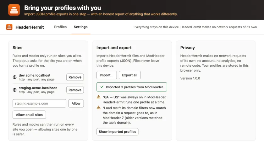 The Import and export panel after a ModHeader import, showing 'Imported 3 profiles from ModHeader' and two warnings about profile differences, next to the Sites and Privacy panels.